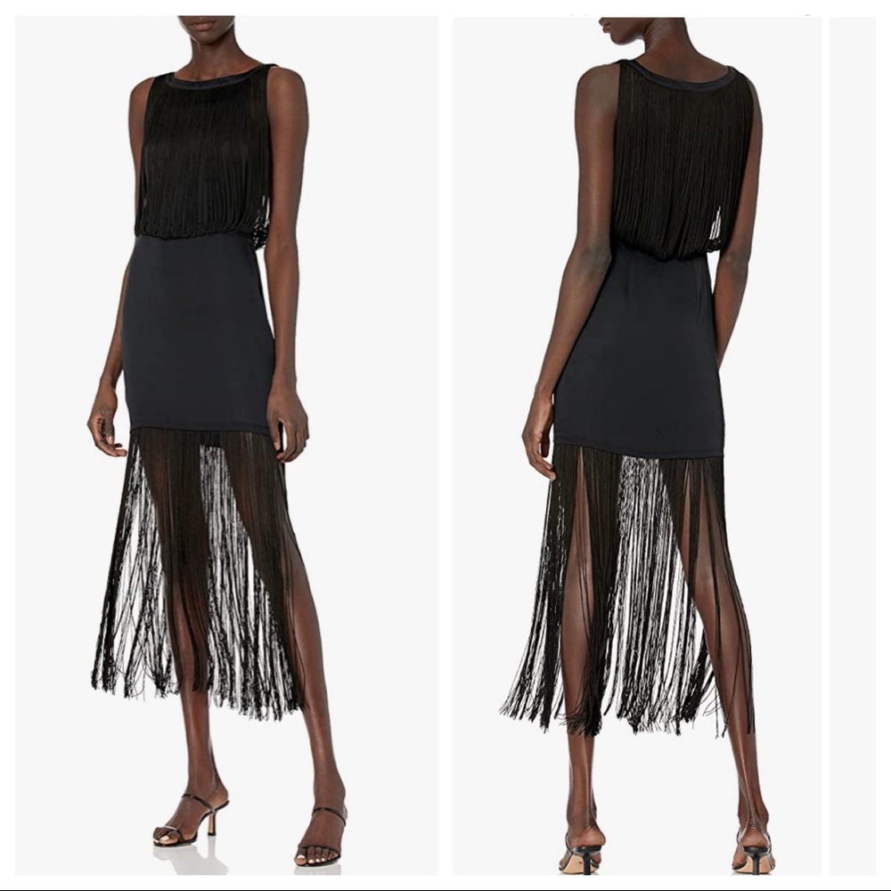 Haute Hippie Backstage Silk Fringe Black Midi Dress Size 6